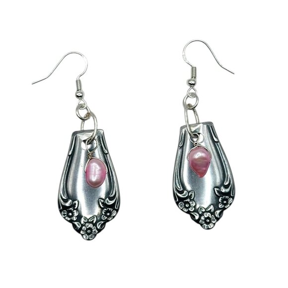Handcrafted Spoon Earrings With Pink Freshwater Pearls & 925 Silver Hooks - Picture 3 of 11
